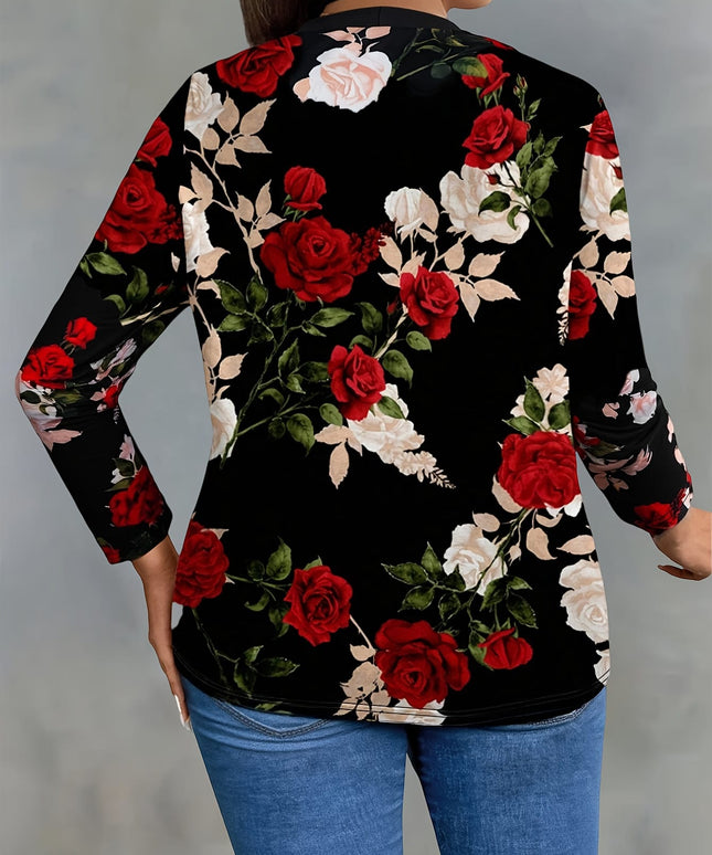 KissICON Elegant Curve Floral Blazer – Black Red Roses