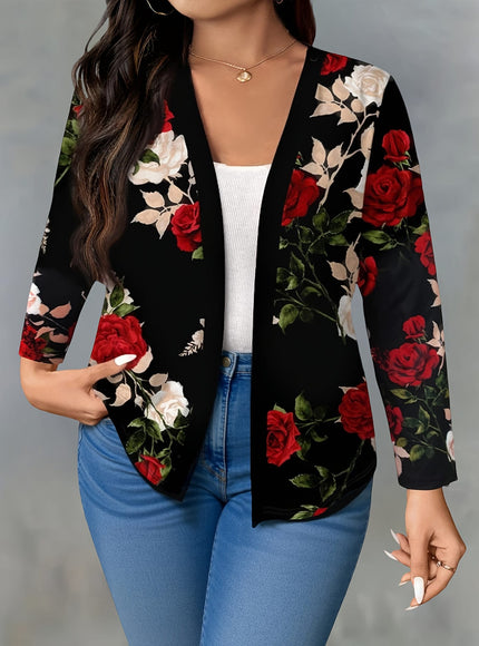 KissICON Elegant Curve Floral Blazer – Black Red Roses