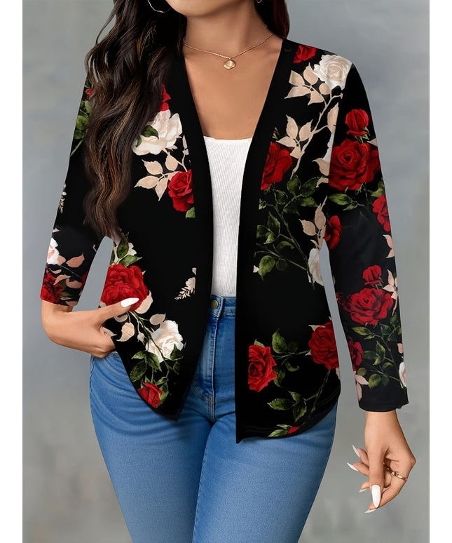 KissICON Elegant Curve Floral Blazer – Black Red Roses