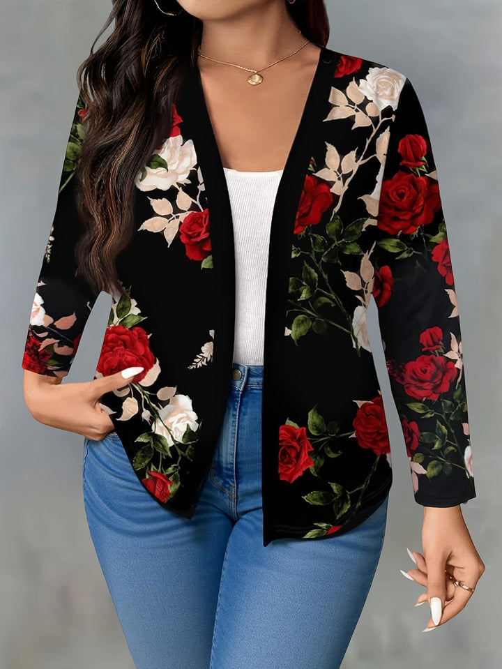 Elegant Curve Floral Blazer – Black Red Roses