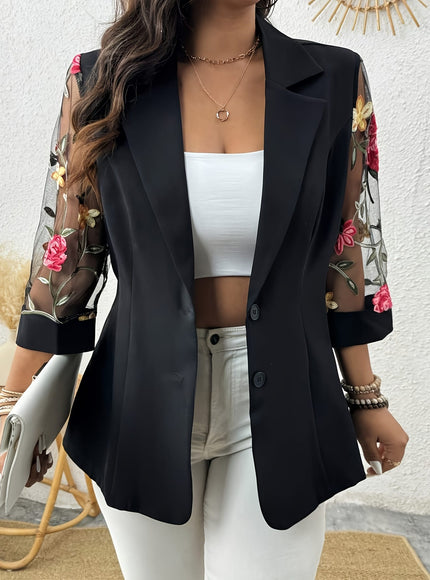 KissICON Elegant Curve Floral Embroidered Lapel Blazer