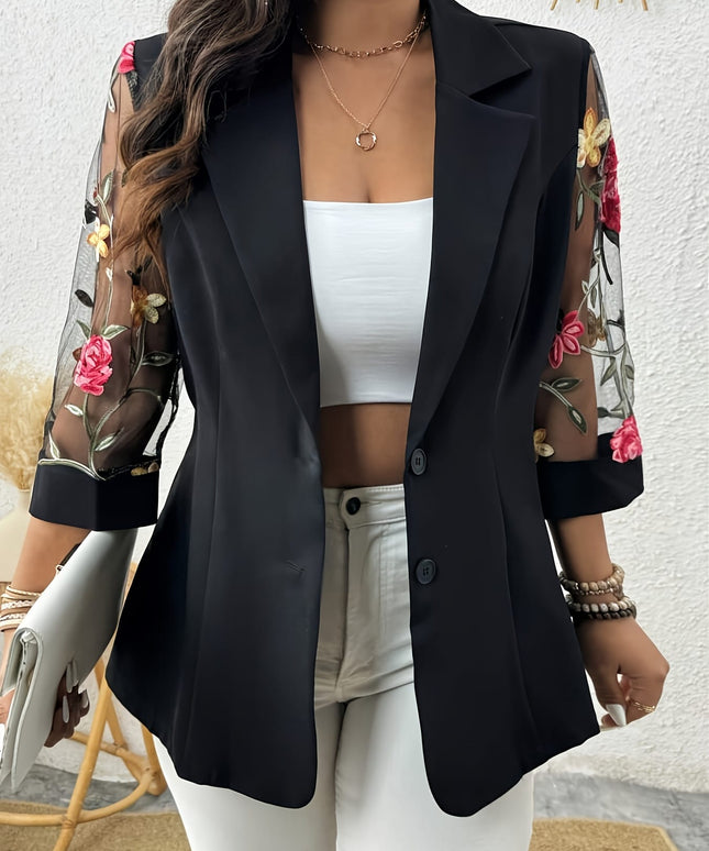 KissICON Elegant Curve Floral Embroidered Lapel Blazer