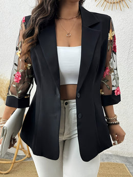 KissICON Elegant Curve Floral Embroidered Lapel Blazer