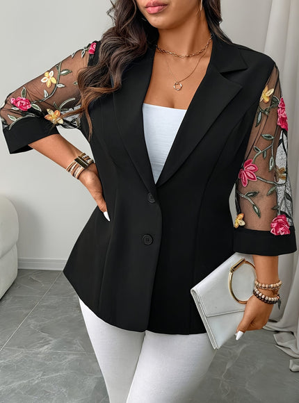 KissICON Elegant Curve Floral Embroidered Lapel Blazer