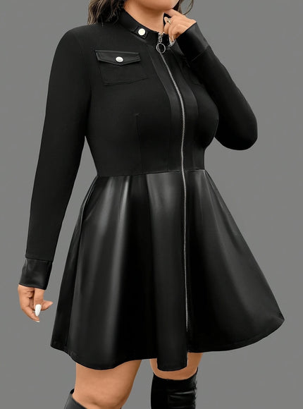 KissICON Elegant Curve Long Sleeve Contrast Collar PU Dress