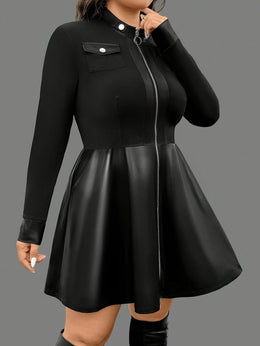 KissICON Elegant Curve Long Sleeve Contrast Collar PU Dress