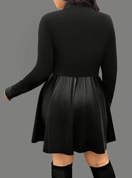 KissICON Elegant Curve Long Sleeve Contrast Collar PU Dress