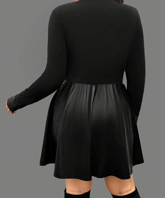 KissICON Elegant Curve Long Sleeve Contrast Collar PU Dress