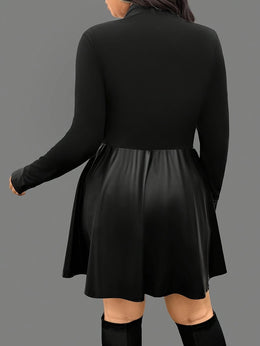 KissICON Elegant Curve Long Sleeve Contrast Collar PU Dress
