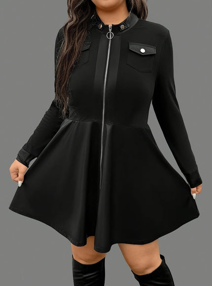 KissICON Elegant Curve Long Sleeve Contrast Collar PU Dress