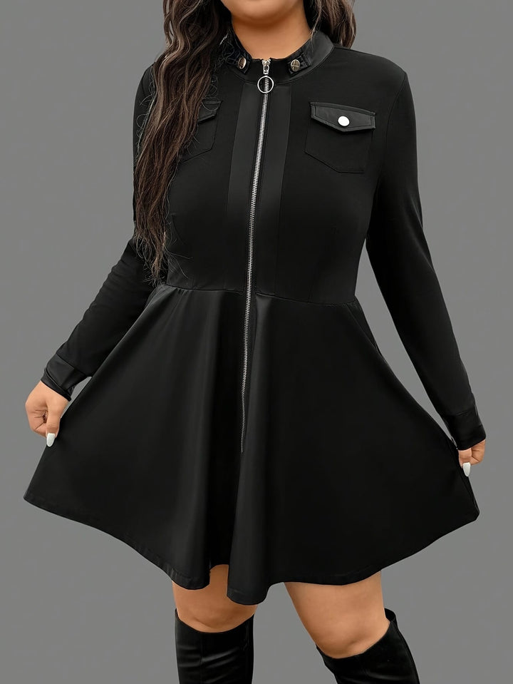 Elegant Curve Long Sleeve Contrast Collar PU Dress