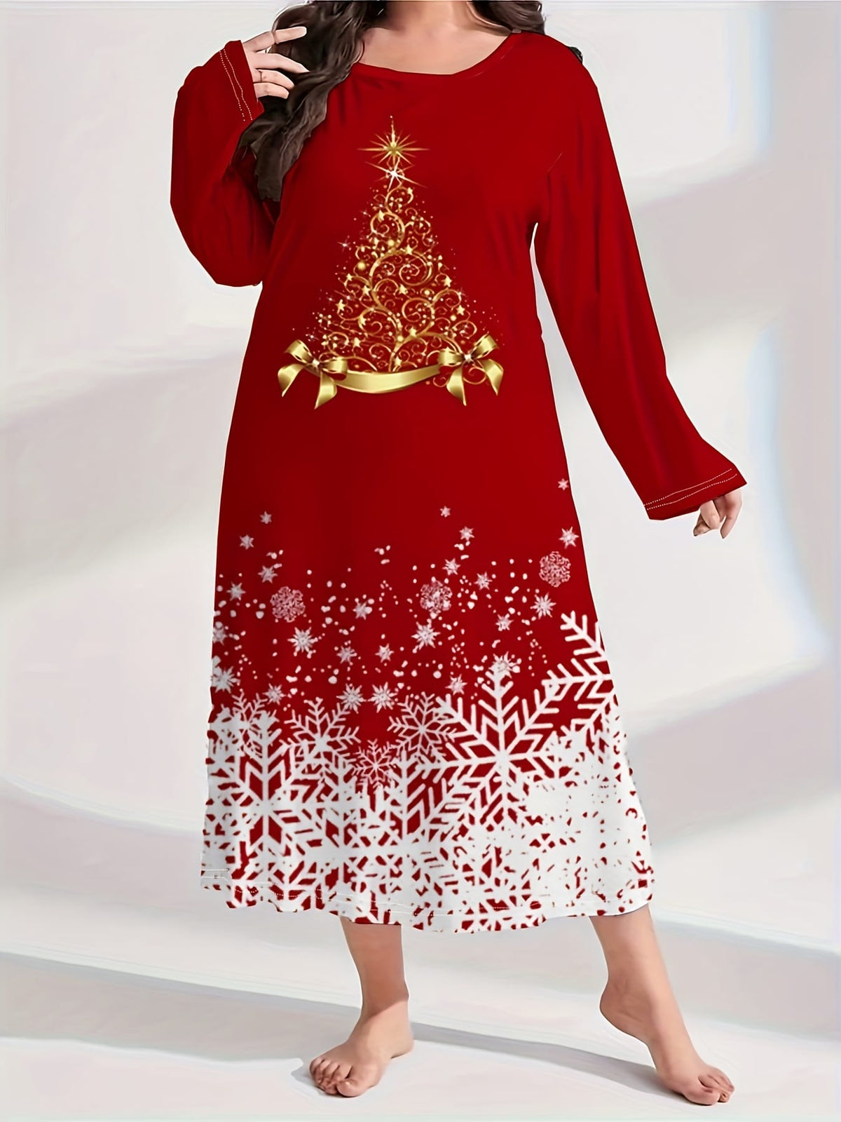 KissICON Elegant Curve Red Golden Snowflake Christmas Nightgown