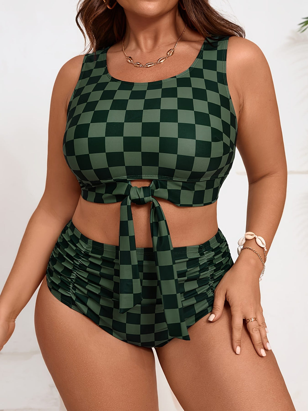 KissICON Elegant Curve Strapless Plaid Bikini