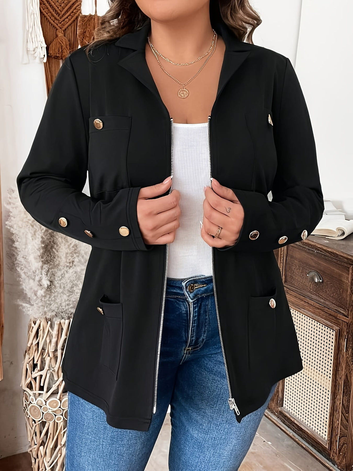 KissICON Elegant Curve Zipup Jacket – Flared Hem Versatility