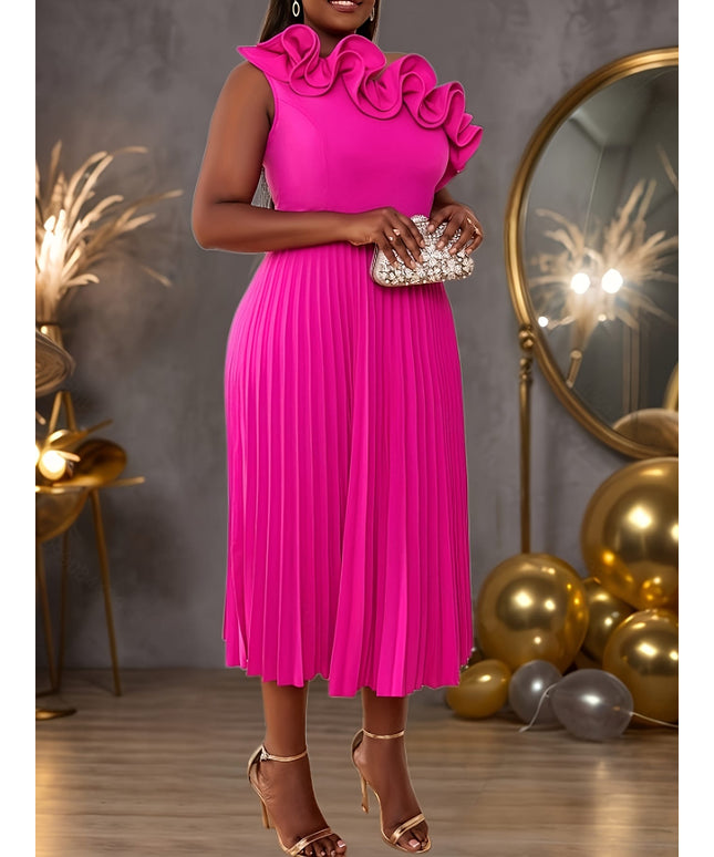 jkthpu-45 [Elegant Dress] Orange Pleated Midi Dress | Women | Polyester Blend | Asymmetrical Ruffle Neckline, Sleeveless, Fit and Flare Silhouette | Formal Occasions | Elegant