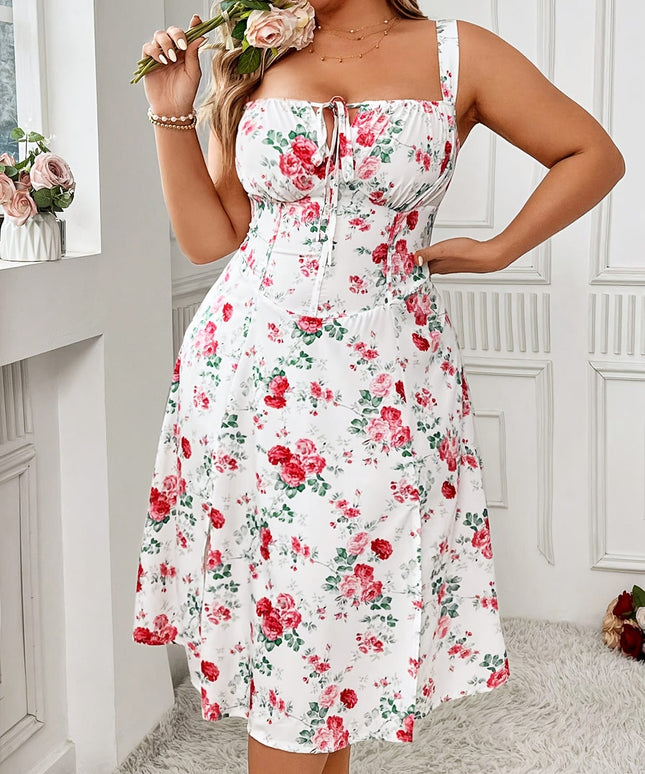 jkthpu-45 [Elegant Dress] Polyester Elegant Floral Midi Dress | Adjustable Straps and Front Zipper - Sleeveless Casual Spring/Summer/Fall Dress for Women, Red Floral Print on White Background, A-Line Silhouette, Floral Dress