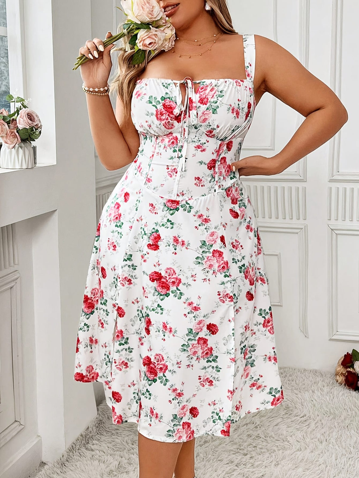 jkthpu-45 [Elegant Dress] Polyester Elegant Floral Midi Dress | Adjustable Straps and Front Zipper - Sleeveless Casual Spring/Summer/Fall Dress for Women, Red Floral Print on White Background, A-Line Silhouette, Floral Dress