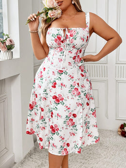 jkthpu-45 [Elegant Dress] Polyester Elegant Floral Midi Dress | Adjustable Straps and Front Zipper - Sleeveless Casual Spring/Summer/Fall Dress for Women, Red Floral Print on White Background, A-Line Silhouette, Floral Dress
