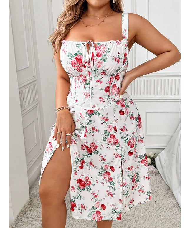 jkthpu-45 [Elegant Dress] Polyester Elegant Floral Midi Dress | Adjustable Straps and Front Zipper - Sleeveless Casual Spring/Summer/Fall Dress for Women, Red Floral Print on White Background, A-Line Silhouette, Floral Dress