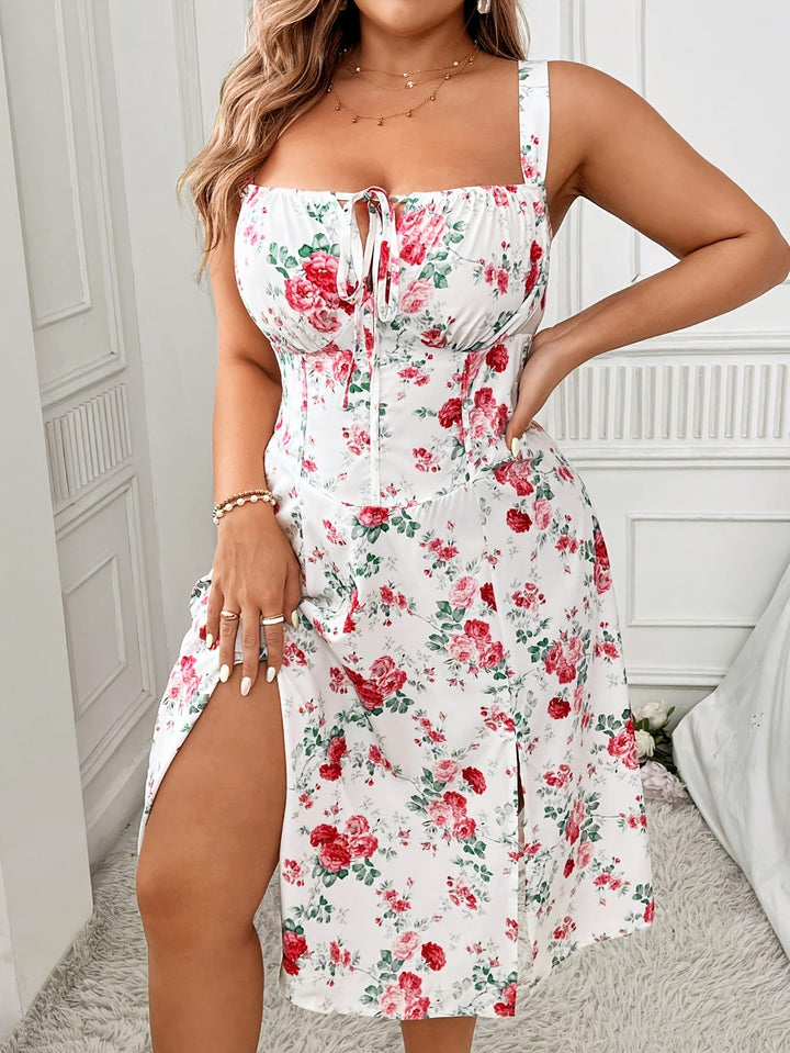 [Elegant Dress] Polyester Elegant Floral Midi Dress | Adjustable Straps and Front Zipper - Sleeveless Casual Spring/Summer/Fall Dress for Women, Red Floral Print on White Background, A-Line Silhouette, Floral Dress