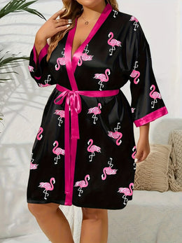 jkthpu-45 Elegant Flamingo Satin Plus Size Robe AllSeason Comfort