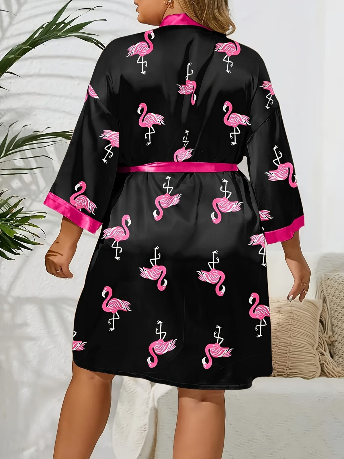 jkthpu-45 Elegant Flamingo Satin Plus Size Robe AllSeason Comfort