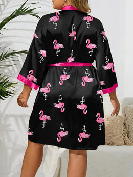 jkthpu-45 Elegant Flamingo Satin Plus Size Robe AllSeason Comfort