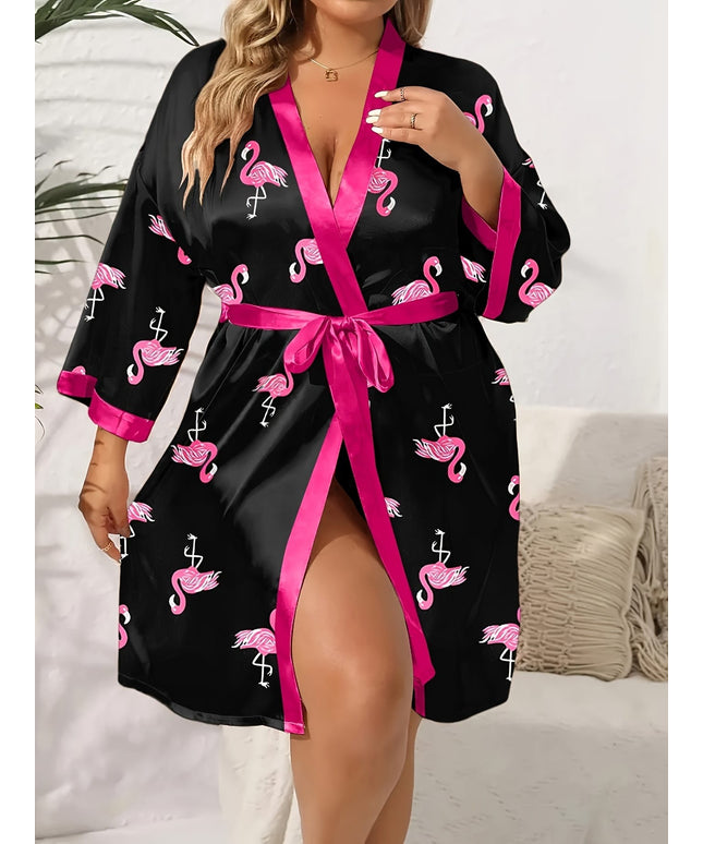 jkthpu-45 Elegant Flamingo Satin Plus Size Robe AllSeason Comfort