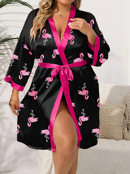 jkthpu-45 Elegant Flamingo Satin Plus Size Robe AllSeason Comfort