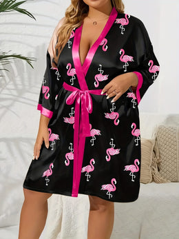 jkthpu-45 Elegant Flamingo Satin Plus Size Robe AllSeason Comfort