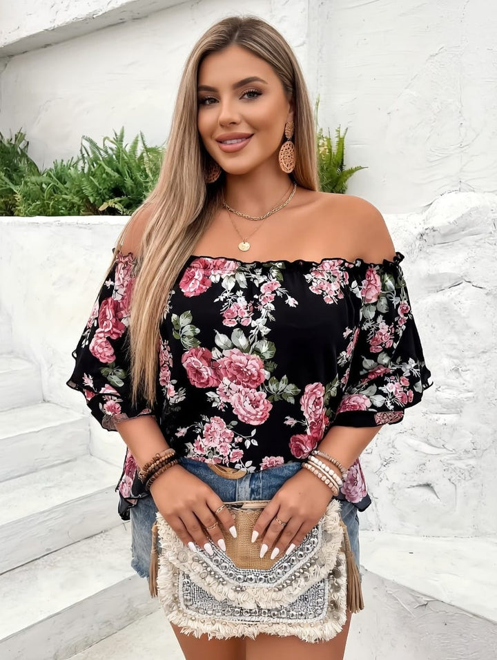 Elegant Floral Chiffon OffShoulder Plus Size Summer Top