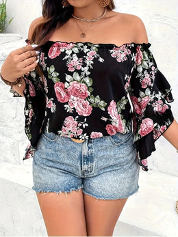 KissICON Tops Elegant Floral Chiffon OffShoulder Plus Size Summer Top