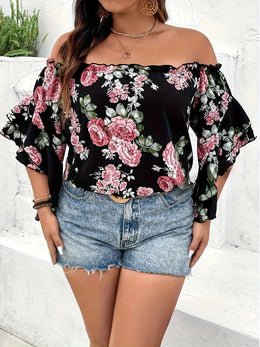 KissICON Tops Elegant Floral Chiffon OffShoulder Plus Size Summer Top