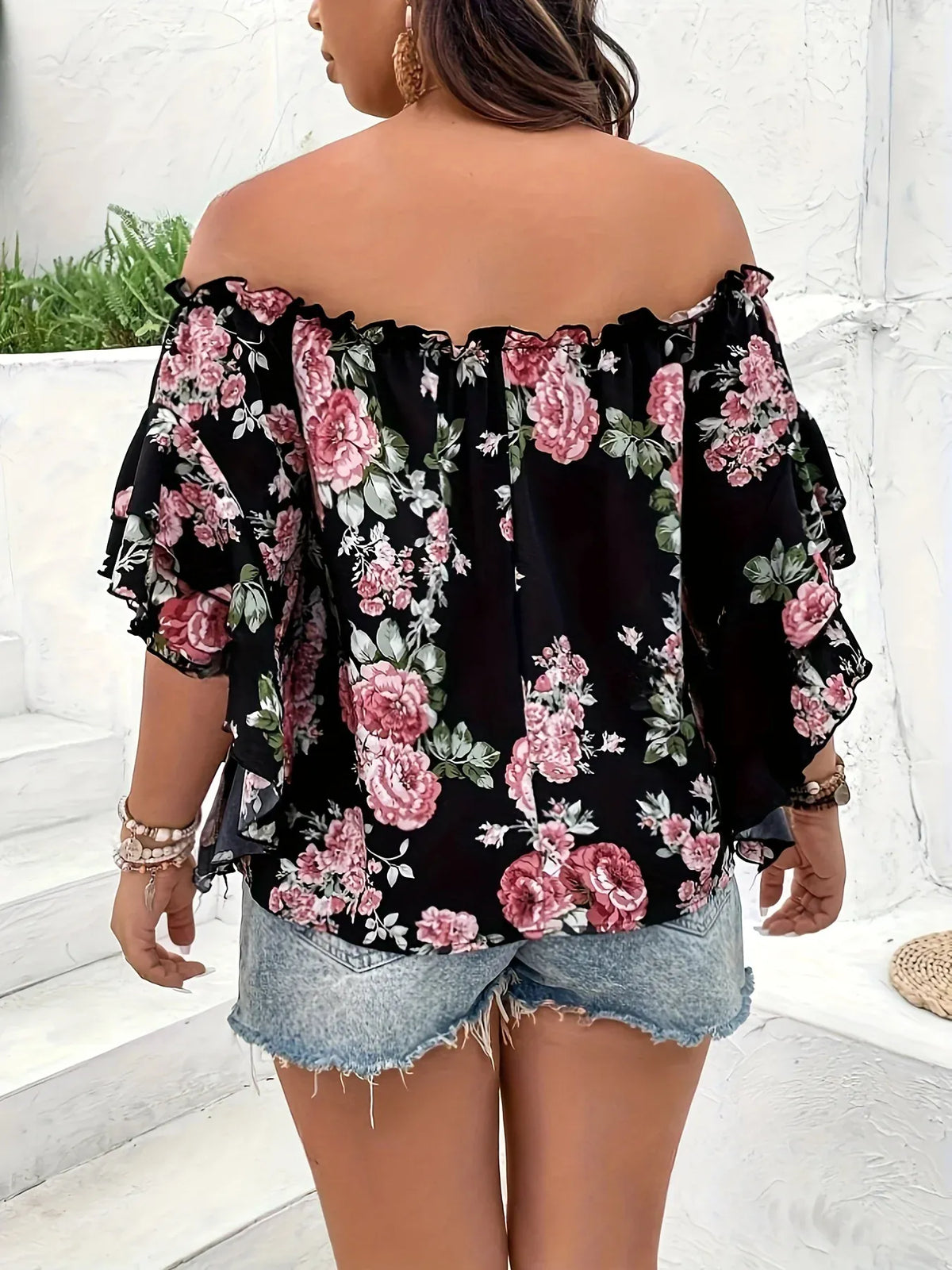 KissICON Tops Elegant Floral Chiffon OffShoulder Plus Size Summer Top