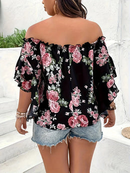 KissICON Tops Elegant Floral Chiffon OffShoulder Plus Size Summer Top