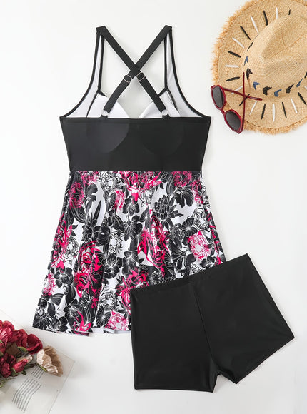 KissICON Elegant Floral Curve Tankini – Skirted