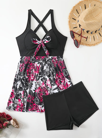 KissICON Elegant Floral Curve Tankini – Skirted