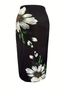 jkthpu-45 Elegant Floral Plus Size Bodycon Skirt  Machine Washable