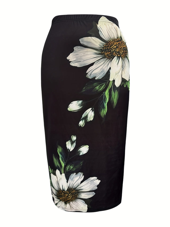 Elegant Floral Plus Size Bodycon Skirt  Machine Washable