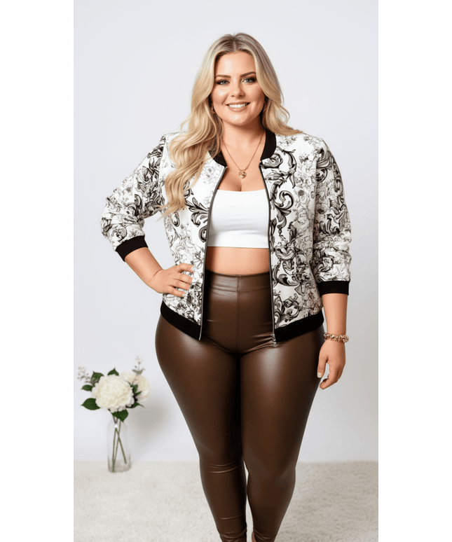 jkthpu-45 Elegant Floral Plus Size Bomber Jacket SpringFall Chic