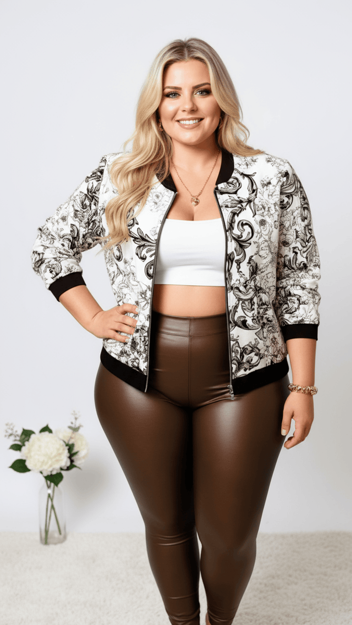 Elegant Floral Plus Size Bomber Jacket SpringFall Chic
