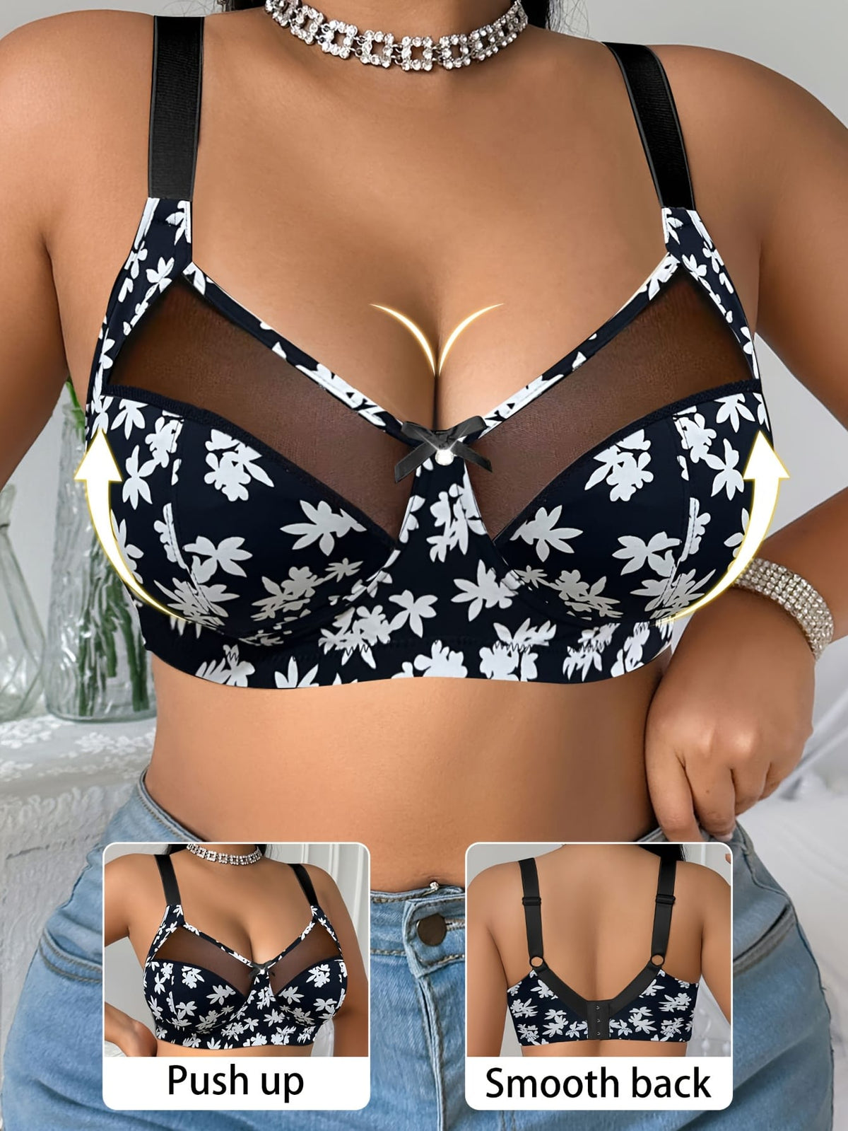 KissICON Elegant Floral Print Curve Backless Bra