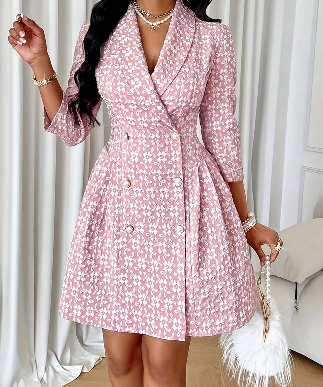 jkthpu-45 Elegant Floral Print Double-Breasted Pleated Midi Dress with Belted Waist - Long Sleeve, Polyester, All-Season Wear for Women, Floral Print Dress