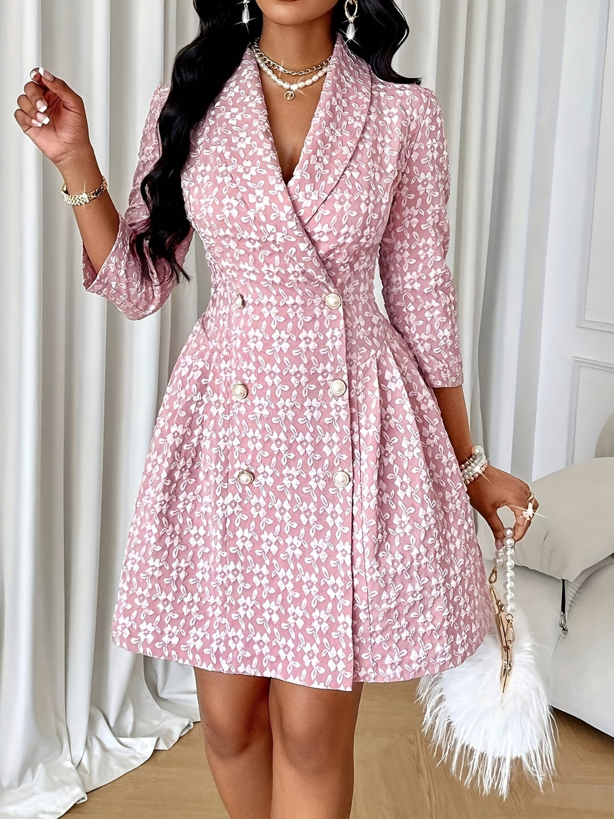 jkthpu-45 Elegant Floral Print Double-Breasted Pleated Midi Dress with Belted Waist - Long Sleeve, Polyester, All-Season Wear for Women, Floral Print Dress