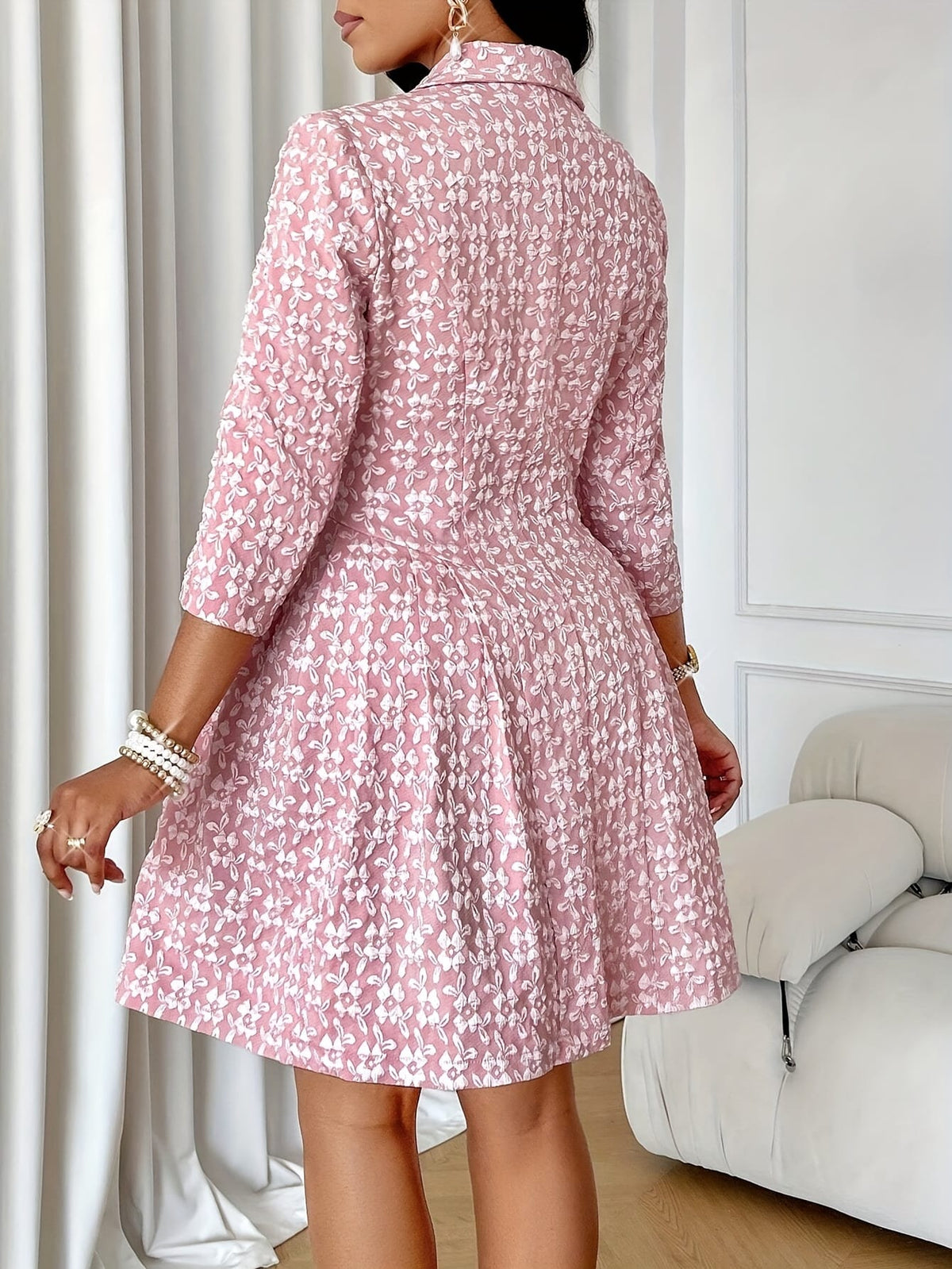 jkthpu-45 Elegant Floral Print Double-Breasted Pleated Midi Dress with Belted Waist - Long Sleeve, Polyester, All-Season Wear for Women, Floral Print Dress