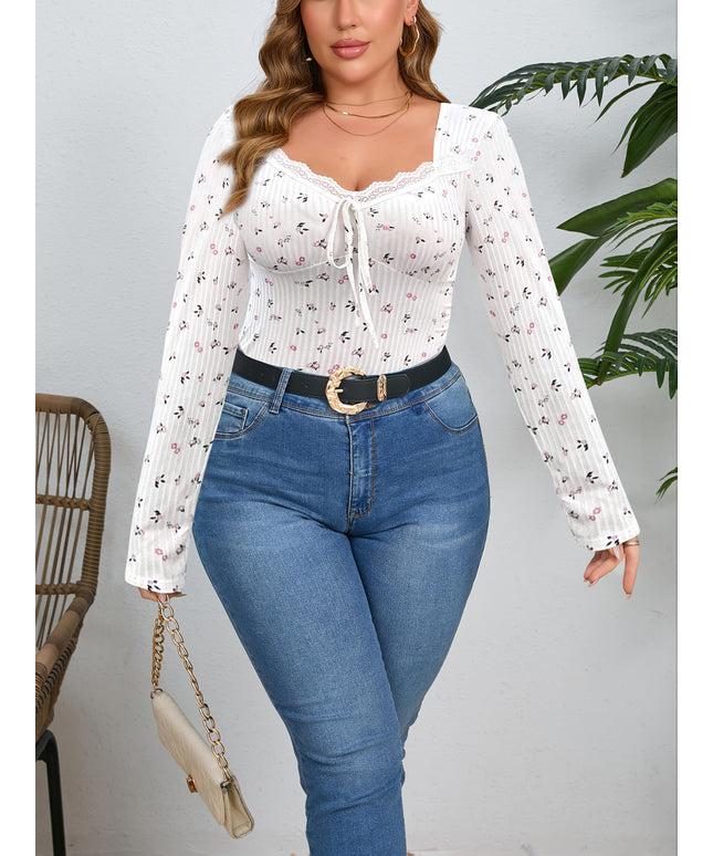 jkthpu-45 Elegant Floral Square Neck Bow Plus Size Long Sleeve Top