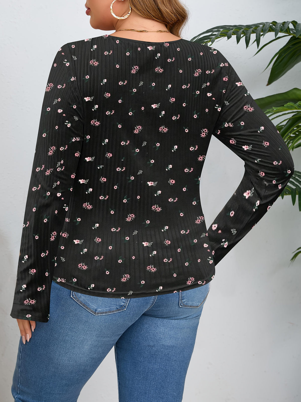 jkthpu-45 Elegant Floral Square Neck Bow Plus Size Long Sleeve Top