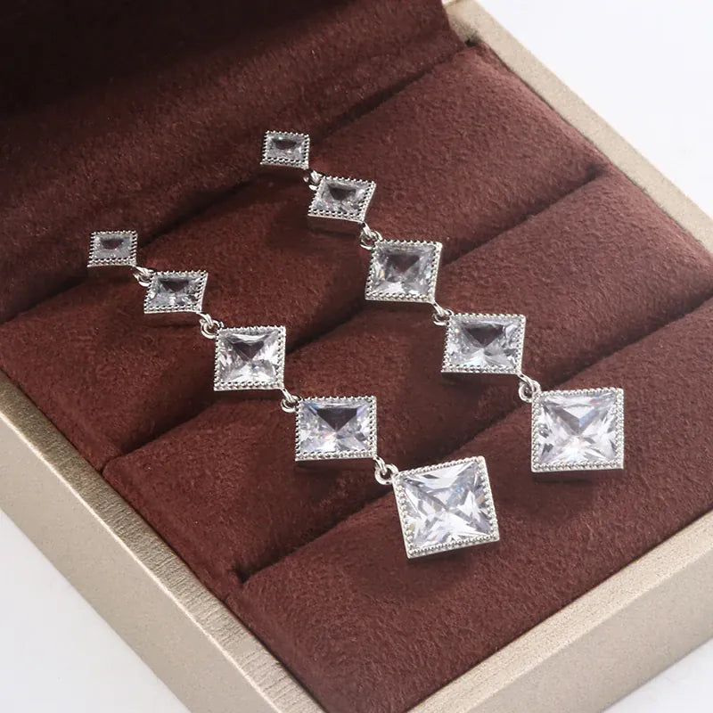 KissICON Elegant Fringe Geometric Diamond Square Long Zircon Earrings