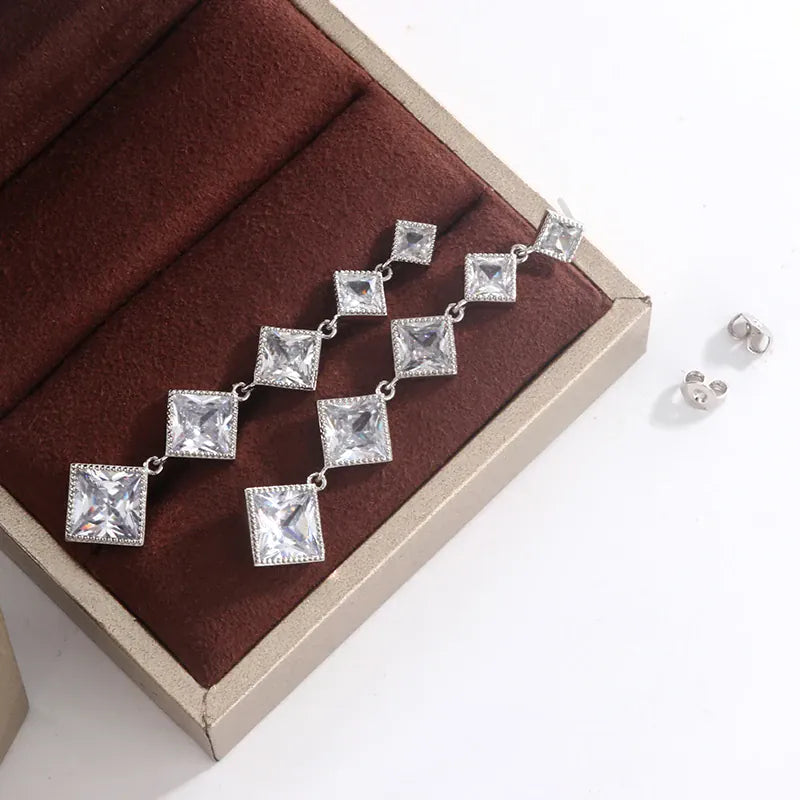KissICON Elegant Fringe Geometric Diamond Square Long Zircon Earrings