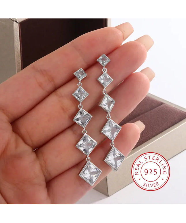KissICON Elegant Fringe Geometric Diamond Square Long Zircon Earrings